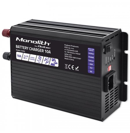 Qoltec Smart Monolith Battery Charger for LiFePO4 AGM GEL SLA batteries | 10A | 24V
