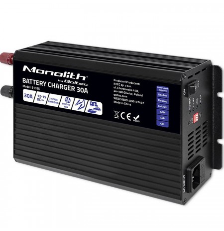 Qoltec Intelligent Professional Monolith Battery Charger for LiFePO4 AGM GEL SLA batteries | 30A | 12V