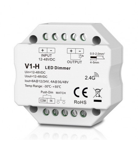 V1-H nuolatinės įtampos valdiklis 12-48V, 1x 8A, Push-Dimm