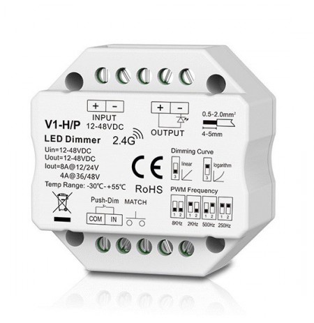 V1-H/P nuolatinės įtampos valdiklis, 12-48V, 1x 8A, Push-Dimm