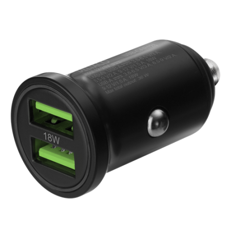 DELTACO USB automobilinis įkroviklis, 2x USB-A 18 W, greitas įkrovimas, viso 36 W juodas USB-CAR128