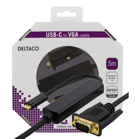 Kabelis DELTACO USB-C - VGA, QWXGA 2048x1152 60Hz, 5m, DP 1.2 Alt Mode, juodas / USBC-1089-K