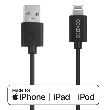 Lightning kabelis DELTACO USB-A -Lightning, 1m, Apple C189 chipset, MFi, FSC ženklinta pakuotė, juodas / IPLH-411