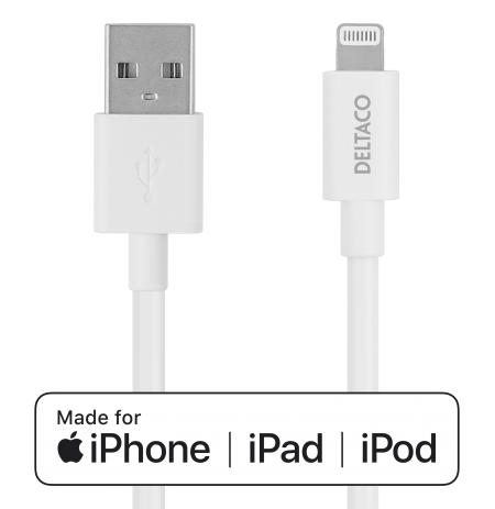 USB kabelis DELTACO su Lightning jungtimi, MFI sertifikuotas, 2.4A, 3 m, baltas / IPLH-403