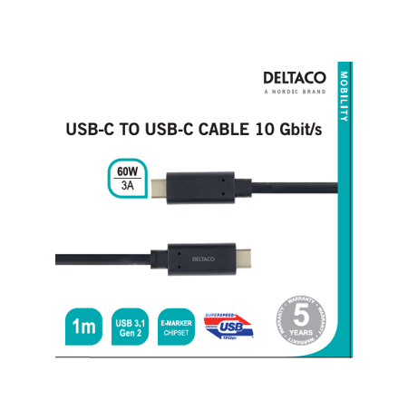 USB-C į USB-C kabelis 10 Gbit/s 1m, 60W, 3A DELTACO juoda / USBC-1122M