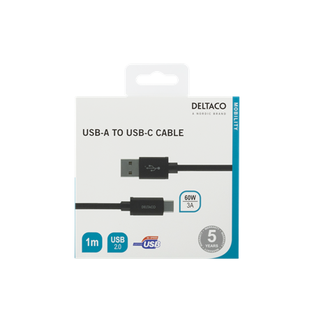 USB-A į USB-C kabelis, 1 m, USB 2.0, pintas, juodas DELTACO / USBC-1132M
