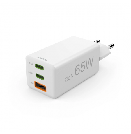 Hama 00201996 Fast Charger GaN, 2x USB-C, 1x USB-A, Mini Charger, PD, 65W, White