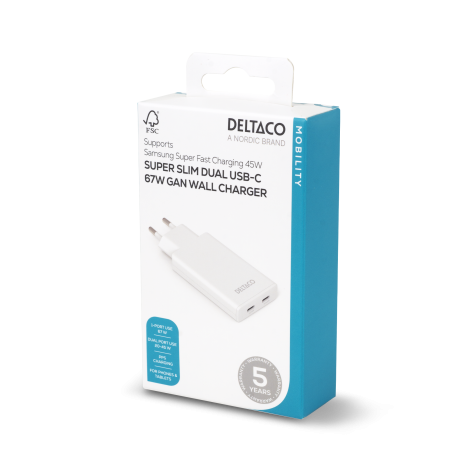 USB-C įkroviklis DELTACO, 67 W, 2x USB-C PD, plonas, baltas / USBC-AC201 / 1903667