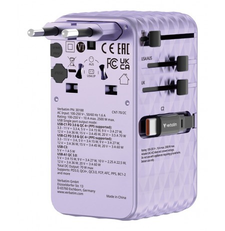 Verbatim Charge 'n' Travel 70W 2C retractable Universal Travel Adapter Purple