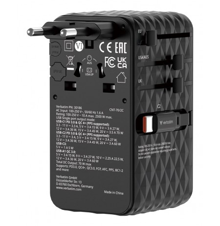Verbatim Charge 'n' Travel 70W 2C retractable Universal Travel Adapter Black