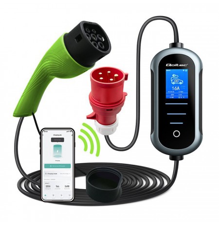 Qoltec Mobile EV Electric Car Charger 2in1 Type2 | 11kW | 400V | Wi-Fi | TUYA | SMART LIFE | LCD | Portable | Wallbox | 5m