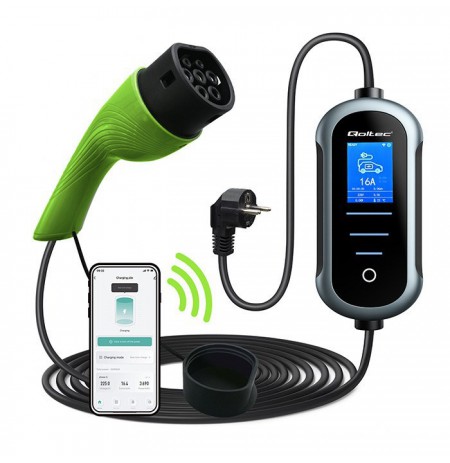 Qoltec Mobile EV Electric Car Charger 2in1 Type2 | 3.5kW | 230V | Wi-Fi | TUYA | SMART LIFE | LCD | Portable | 5m