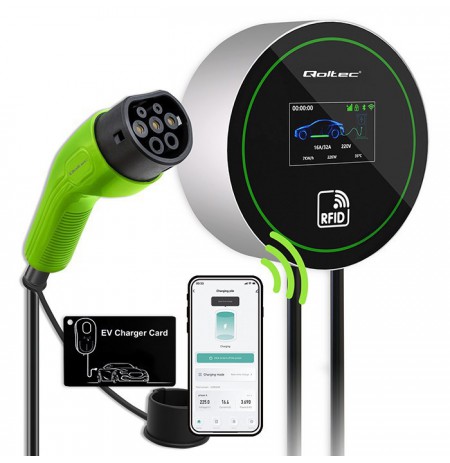 Qoltec EV Charging Station 2in1 Type2 | 22kW | Wi-Fi|  | LCD | 3 phases | Wallbox | Smart life app| RFID | 5m