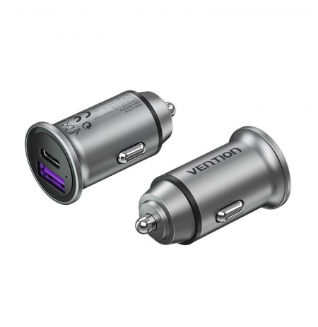Vention Two-Port USB A+A(30+30) Car Charger Gray Mini Style Aluminium Alloy Type