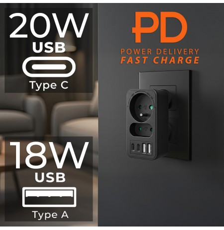 Maclean current socket x2 + 4xUSB, splitter with 2 sockets, 2xUSB A, 2xUSB C PD 20W, 1x16A + 1x6A, MCE249 F/B