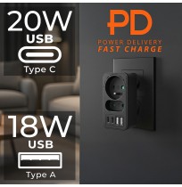 Maclean current socket x2 + 4xUSB, splitter with 2 sockets, 2xUSB A, 2xUSB C PD 20W, 1x16A + 1x6A, MCE249 F/B