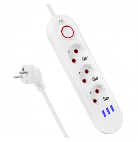 Maclean power strip, 3 socket extension + 3xUSB, 110-240V AC 50/60Hz, 2.1A max 2500W, 1.5m, white, MCE394 W
