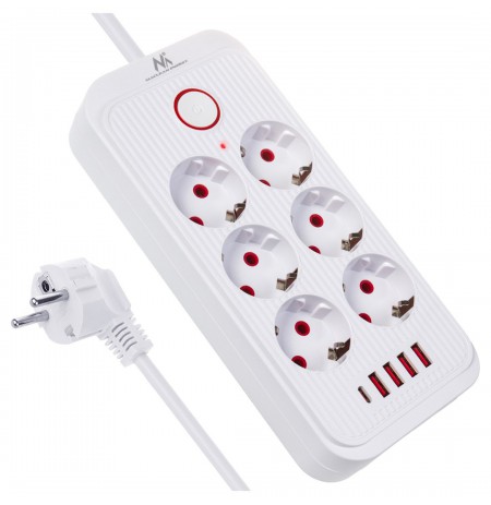 Maclean power strip, 6 socket extension + 4xUSB, 110-240V AC 50/60Hz, 2.1A max 2500W, 1.5 m, white, MCE389 W