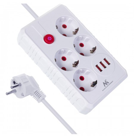 Maclean power strip, 4-socket extension cable + 3xUSB, 110-240V AC 50/60Hz, 2.1A max 2500W, 3m, white, MCE393 W