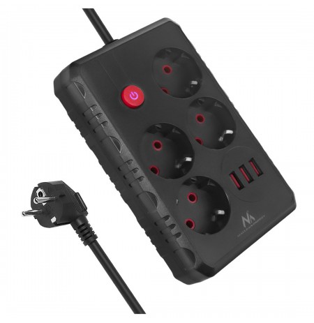 Maclean power strip, 4-socket extension cable + 3xUSB, 110-240V AC 50/60Hz, 2.1A max 2500W, 3m, black, MCE393 B