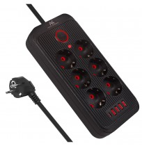 Maclean power strip, 6 socket extension + 4xUSB, 110-240V AC 50/60Hz, 2.1A max 2500W, 1.5 m, black, MCE389 B