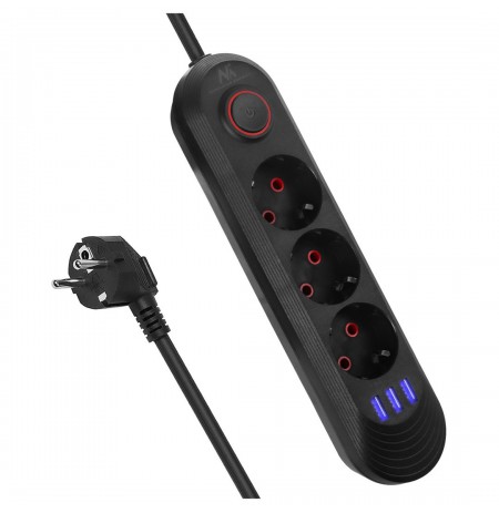 Maclean power strip, 3-socket extension cable + 3xUSB, 110-240V AC 50/60Hz, 2.1A max 2500W, 1.5m, black, MCE394 B