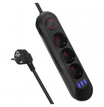 Maclean power strip, 3-socket extension cable + 3xUSB, 110-240V AC 50/60Hz, 2.1A max 2500W, 1.5m, black, MCE394 B