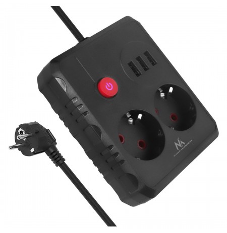 Maclean power strip, extender 2 sockets + 3xUSB, 110-240V AC 50/60Hz, 2.1A max 2500W, 1.5m, black, MCE387 B