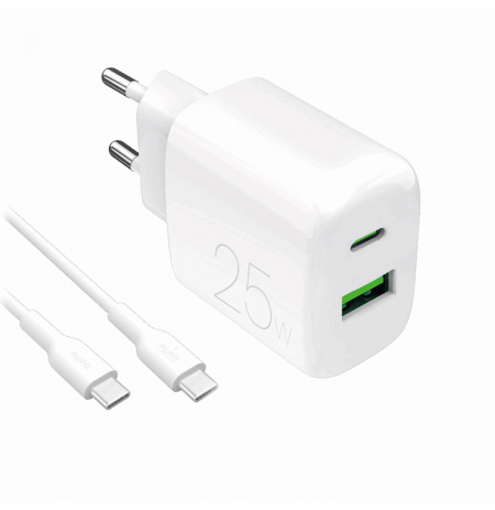 Wall Charger 1xUSB-A, 1xUSB-C, 25W with Cable USB-C to USB-C, 1,2m, by Puro White