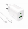 Wall Charger 1xUSB-A, 1xUSB-C, 25W with Cable USB-C to USB-C, 1,2m, by Puro White
