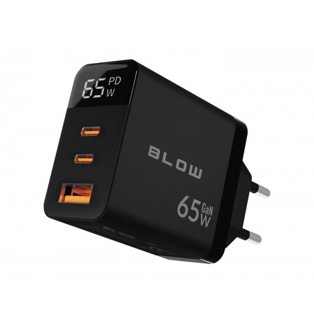 LCD wall charger USB socket + USB-Cx2 PD 65W GAN black wattmeter