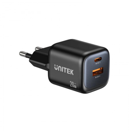 UNITEK WALL CHARGER 2X GAN USB-A & USB-C 20W BLACK