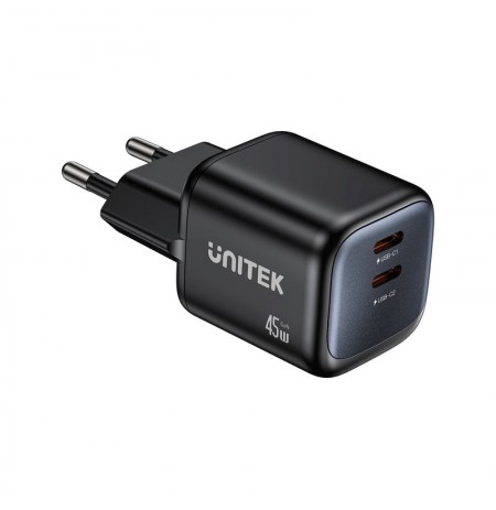 UNITEK WALL CHARGER 2X GAN 45W, 2XUSB-C PD 3.0, QC