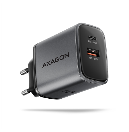 AXAGON ACU-PQ67 GaN Wall charger 67W, 2x port (USB-A + USB-C) PD3.0/PPS/QC4+/SFC 2.0/Apple, Black
