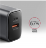 AXAGON ACU-PQ67 GaN Wall charger 67W, 2x port (USB-A + USB-C) PD3.0/PPS/QC4+/SFC 2.0/Apple, Black