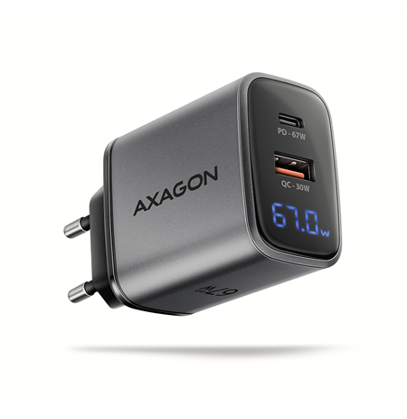 AXAGON ACU-PQ67D GaN Wall charger 67W, USB-A + USB-C, PD3.0/PPS/QC4+/SF, Black