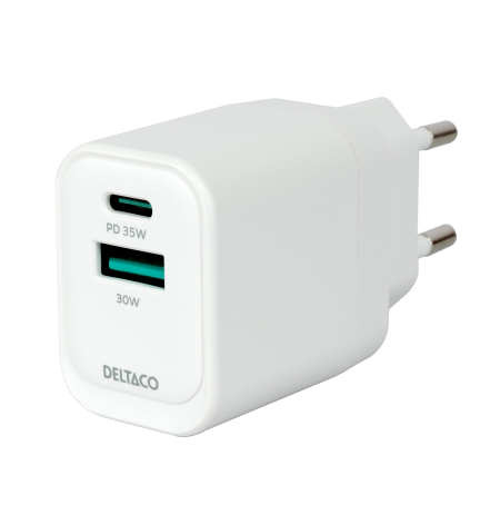 USB GaN sieninis įkroviklis DELTACO, 1x USB-A 18 W, 1x USB-C PD 35 W, PPS / USBC-AC159 / 1903775