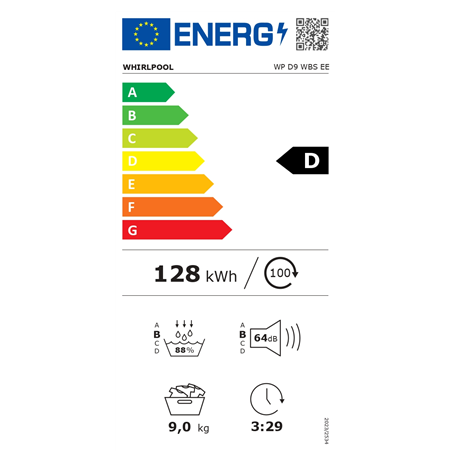 Whirlpool Dryer Machine | WP D9 WBS EE | Energy efficiency class D | Front loading | 9 kg | Heat pump | Digital | Depth 61 cm | 
