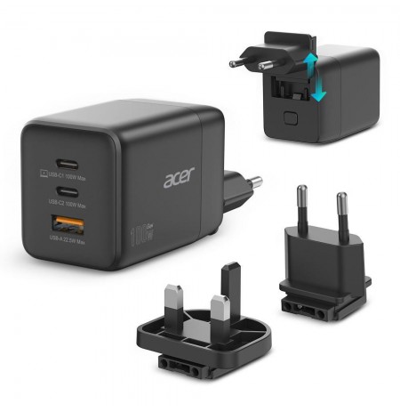 Acer Charger  100w 2 x USB-C + 1x USB-A ports, black