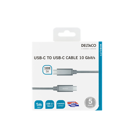 USB-C kabelis DELTACO 1m, SuperSpeed , pintas, USB 3.1 Gen 2, 10 Gbps, 100W, sidabrinė / USBC-1417M