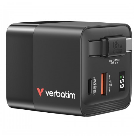 charger Verbatim Gan 65W 2xUSB-C PD, USB-A