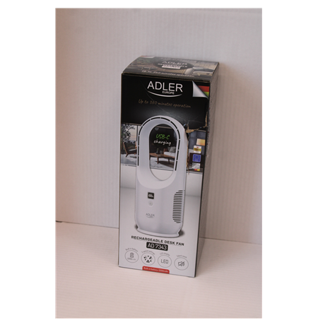 SALE OUT. Adler Bladeless Rechargeable Fan | AD 7343 | Desk Fan | DAMAGED PACKAGING | White | Diameter 14 cm | Number of speeds 