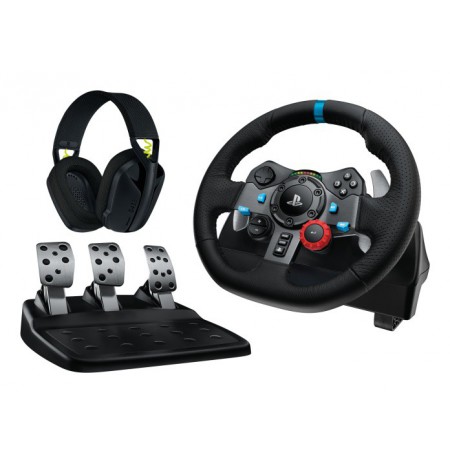 Logitech G29 Driving Force Žaidimų vairas ir pedalai + G435 Ausinės, skirta PC, PS3, PS4, PS5, Juoda