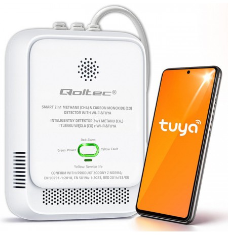 Qoltec 52654 2in1 natural gas and carbon monoxide (CO) leak detector | CH4 | CO | NG | Tuya | Wi-Fi | 85dB alarm | LED