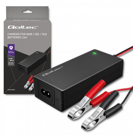 Qoltec 52665 Automatic charger for AGM GEL STD batteries | 24V charger | 2A | 48W | LED | 1.8m cable