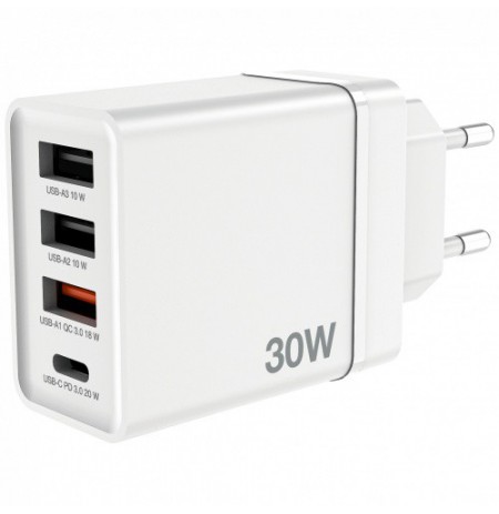 Verbatim 49701 USB Įkroviklis 30W 4-Port USB-A, USB-C, EU Plug, Balta