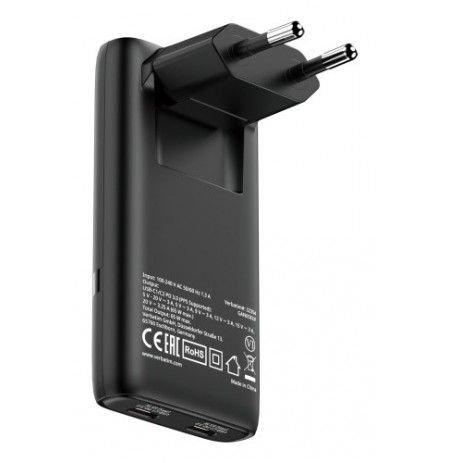 Verbatim 32354 Fold 'n' Go GaN Įkroviklis 65W 2-Port, USB-C, EU Plug, Juoda