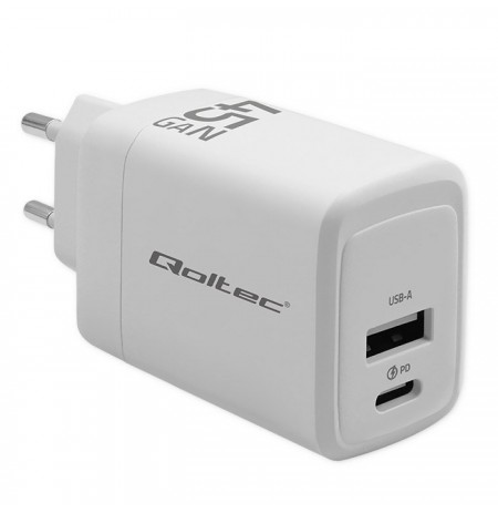 Qoltec 51825 GaN 45W charger| 5-20V | 1.5-3A | 1 x USB-C PD | 1x USB QC 3.0 | White