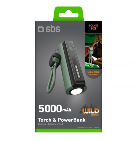 Power bank 5000 mAh torch, Type-C Cable, By SBS Black