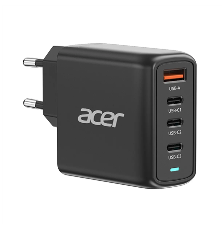 Acer 100W PD GaN Charger, 3 x USB C and 1 x USB A, EU Plug, 100W USB-C cable, Black, Retail Pack